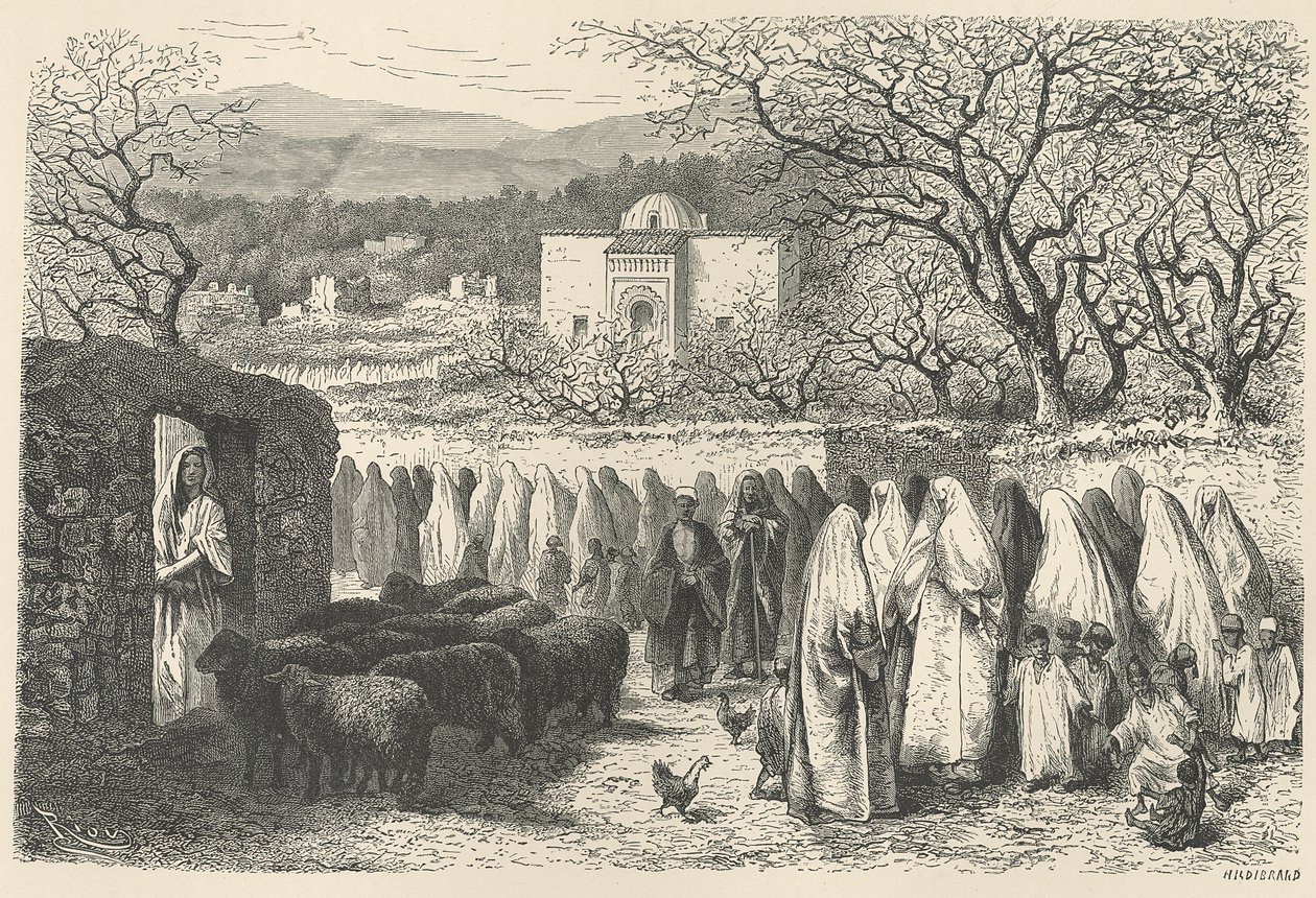 Marabout og prosesjon: Tlemcen, gravert av Henri Theophile Hildibrand (1824-97) av Edouard Riou