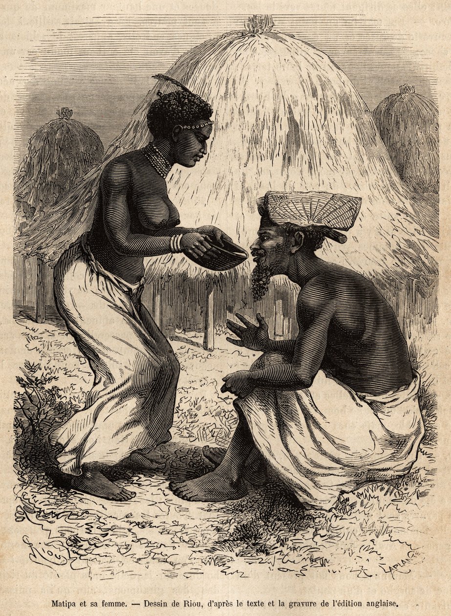 Matipa, en urfolk som ga kanoer til Livingstones team, ble servert drikking av sin kone, gravert etter en tegning av Riou, som illustrerer David Livingstones siste dagbok (1813-1873), i 1866-1873, publisert i "" Le tour du monde ”” 1875, redigert av Edouard Riou