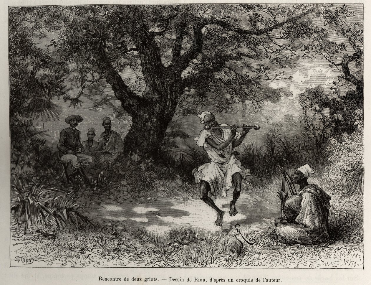 Møt to grioter, Kaptein Binger, som sitter i skyggen, nyter showet. Gravering av Riou, for å illustrere historien "" Fra Niger til Guineabukta"" av kaptein Louis Gustave Binger (1856-1936), i 1887-1889, i Le tour du monde, nouveau journal des voy av Edouard Riou