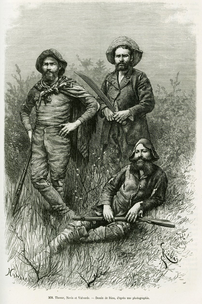 Medlemmer av ekspedisjonen: Mr. Thouar (forlengelse), Mr. Novis (stående til venstre) og Mr. Valverde (stående til høyre). Gravering av Riou, for å illustrere historien Voyage dans le Chaco Boreal av Edouard Riou