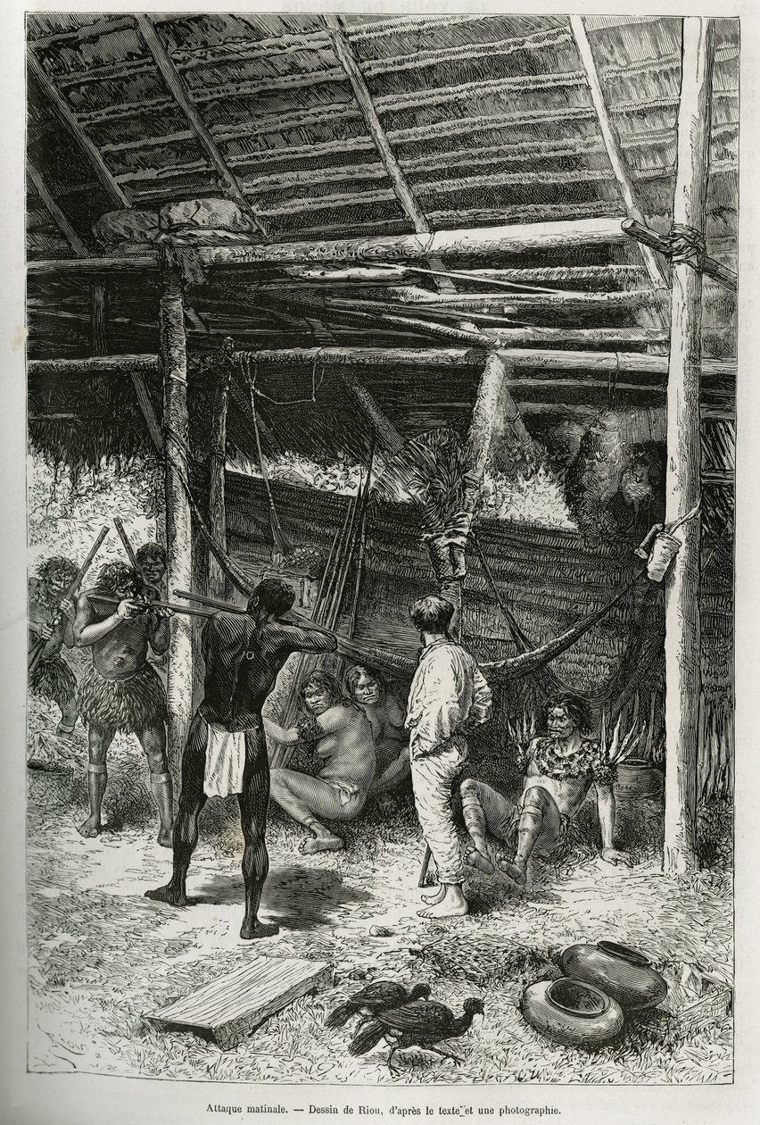 Morgenangrep på oppdagelsesreisendes hytte av indianere fra bredden av Amazonas. Gravering av Riou, for å illustrere historien om Cayenne aux Andes, av Jules Crevaux, lege for den franske marinen, i 1878-1879, publisert i Tour du monde, under ledelse av av Edouard Riou