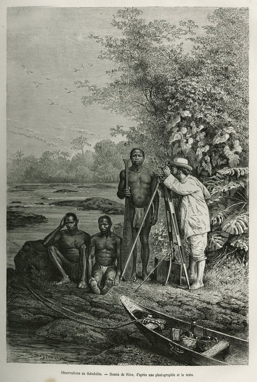 Observasjon ved teodolitten, Dr. Crevaux med sine måleinstrumenter og hans team av guider og portører, i full arbeidssesjon, gravering etter en tegning av Riou, for å illustrere historien De Cayenne aux Andes, av Jules Crevaux, doktor i den franske marinen av Edouard Riou