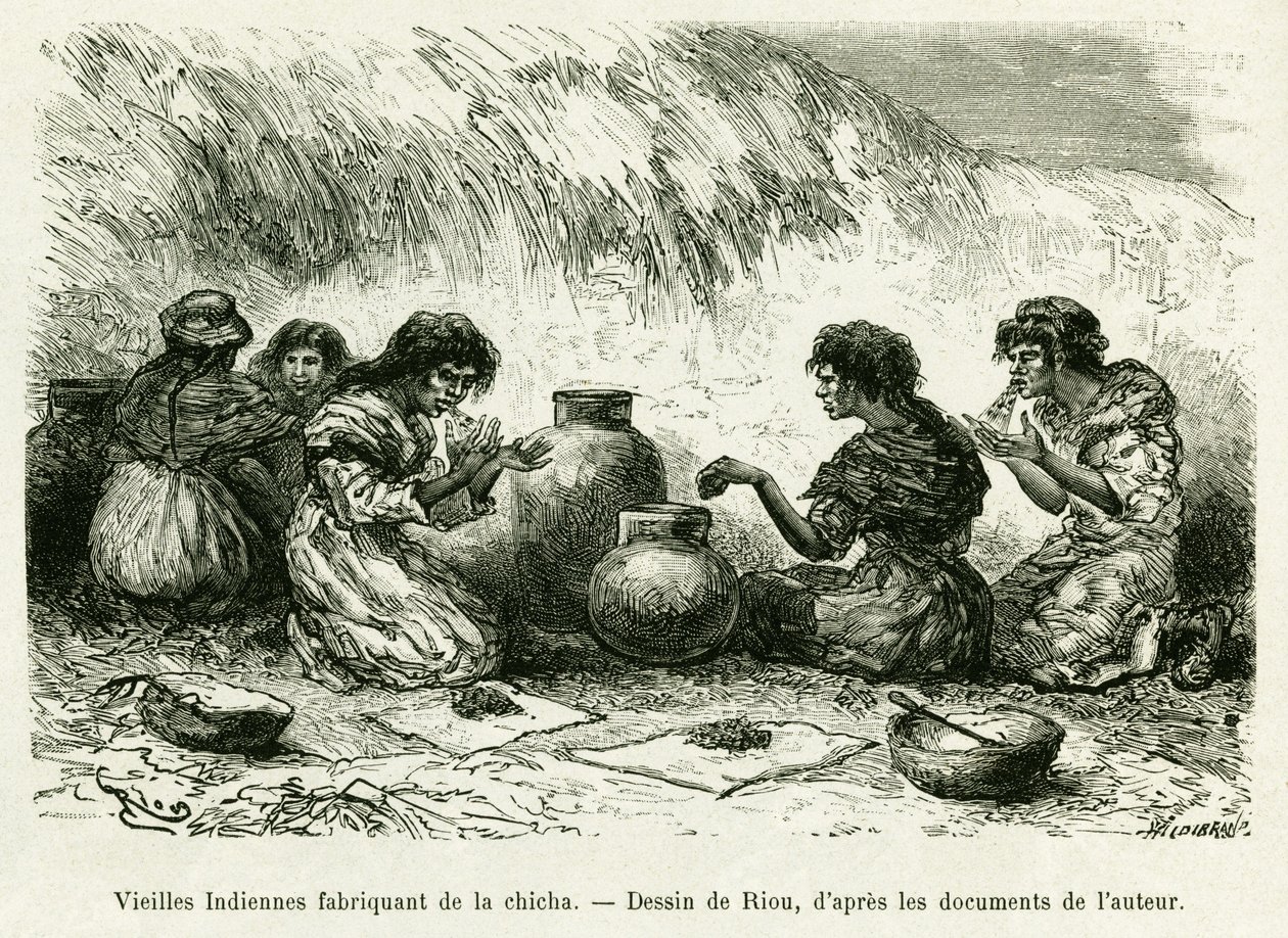 Gamle indiske kvinner som lager shisha. Gravering av Riou, for å illustrere historien Journey in the Pilcomayo Delta og fra Buenos Aires til Sucre av Edouard Riou