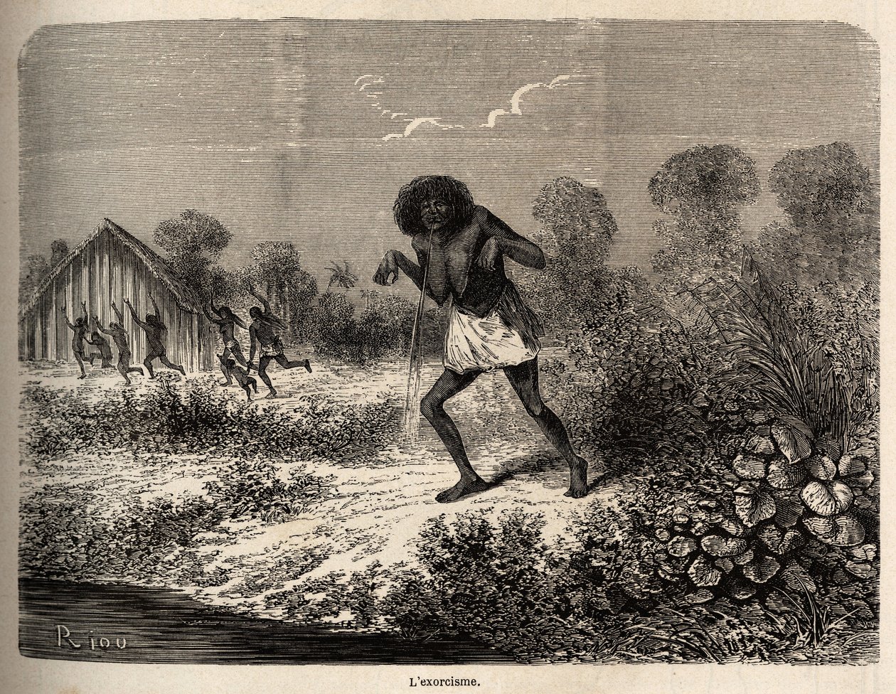 Panikk blant Conibos-indianerne, som flyktet ved ankomsten av Paul Marcoys ekspedisjon nær Tumbaya (Peru), som selv ble offer for en ond besvergelse av en gammel indianer, tegnet av Riou for å illustrere reisen, fra 1848 til 1860, av P Marcoy, fra th av Edouard Riou