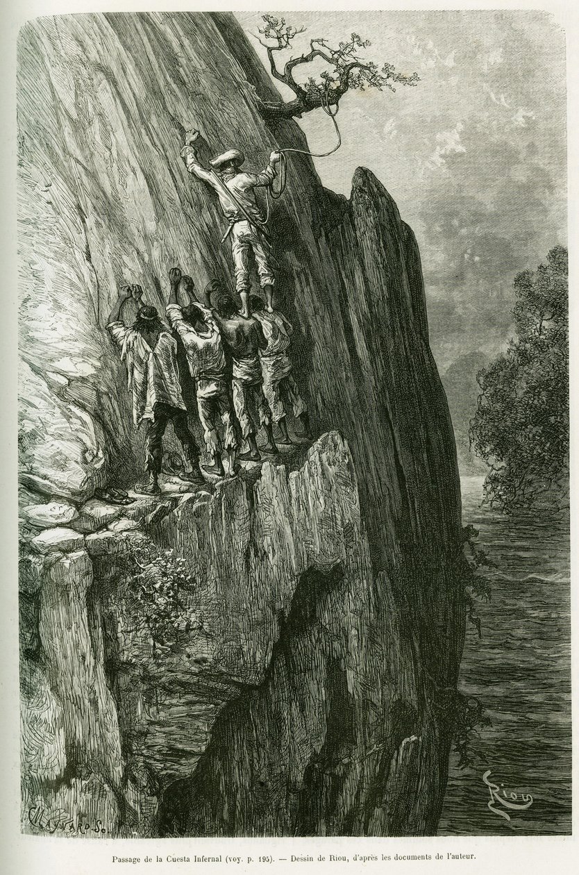 Passasje av helvetesbakken. Gravering av Riou, for å illustrere historien Journey in the Pilcomayo Delta og fra Buenos Aires til Sucre av Edouard Riou