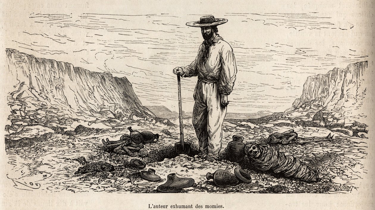 Paul Marcoy exhumant des mummies Incas (Bas Peru), gravering av E.Riou som illustrerer reisen i fjellene, Huarancalqui-dalen og regionene i Pjonal, fra 1862 til 1863, av Paul Marcoy, publisert i "Le tour du monde" ” 1875, redigert av Edou av Edouard Riou