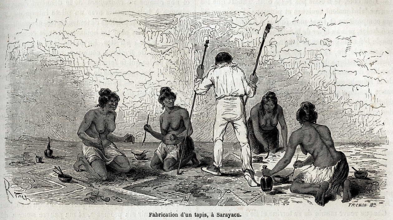 Paul Marcoy lærte å lage et teppe med enkene i Sarayacu (Peru), tegning av Riou, for å illustrere Paul Marcoys reise fra Stillehavet til Atlanterhavet fra 1848 til 1860. Gravering i “” Le tour du monde””, redigert av Edouard Charton av Edouard Riou