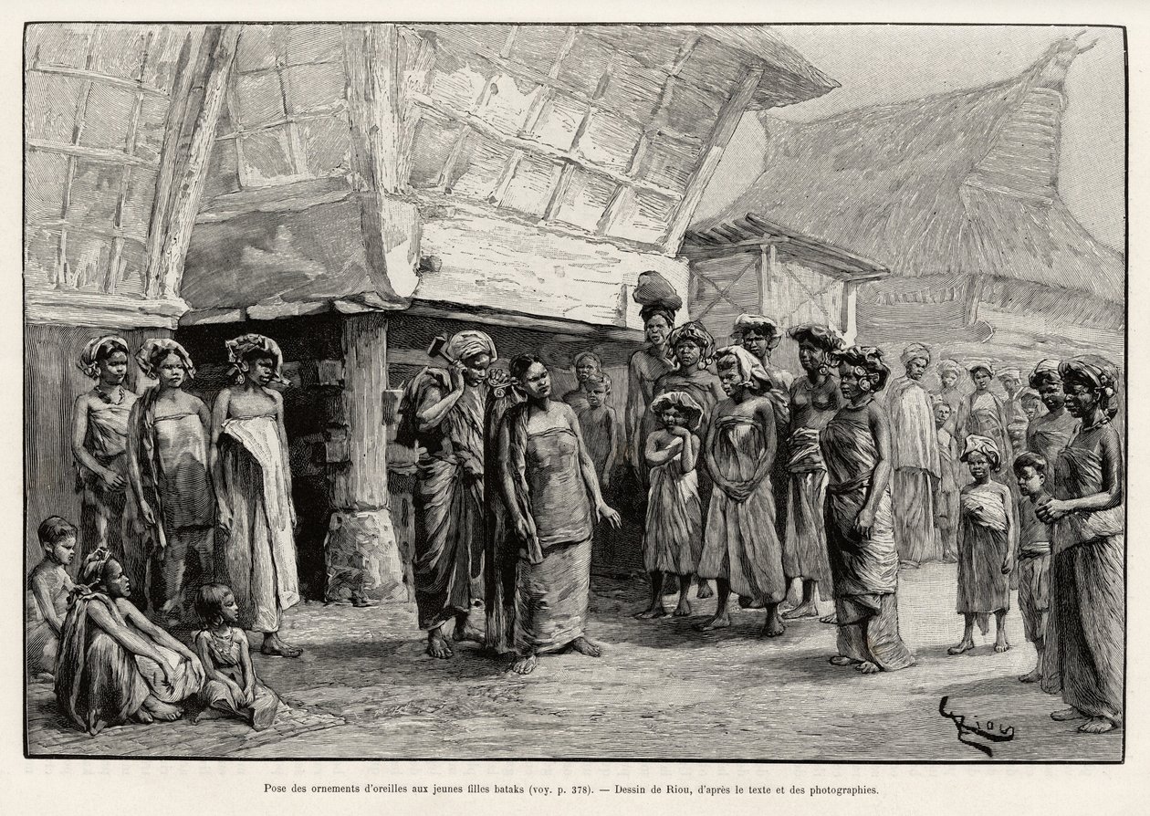 Spiller ørepynt til Batak-jenter, etnisk gruppe i Nord-Sumatra. Gravering av Riou for å illustrere historien "et år i Malaysia", av Jules Claine (1856-1939) av Edouard Riou