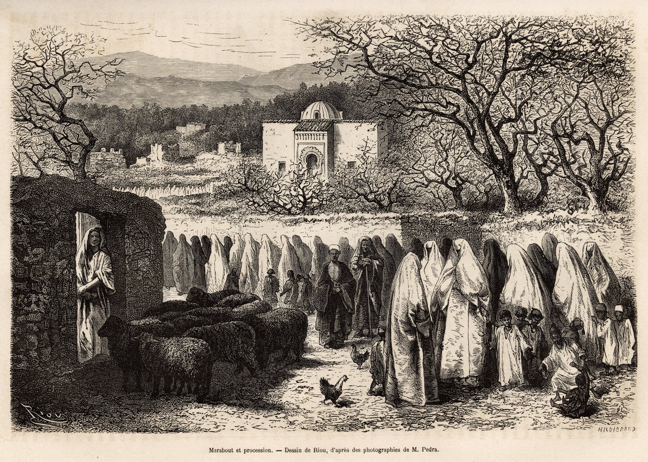 Prosesjon til Marabout de Tlemcen (grav med en kuppel av en mann fra islam), gravert etter en tegning av E.Riou, som illustrerer reisen til Tlemcen (Algeria), av E. de Lorral, i 1875, publisert i "" Le tour du monde””” 1875, redigert av Edouard C av Edouard Riou