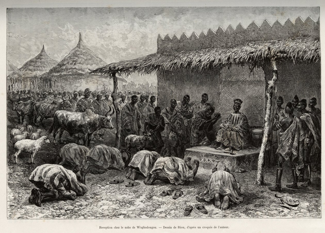 Mottak på naba Sanem, fra Mossi-riket (eller Mosse) i Waghadougou (Ouagadougou, Burkina Faso). Gravering av Riou, for å illustrere historien "" Fra Niger til Guineebukta"" av kaptein Louis Gustave Binger (1856-1936), i 1887-1889, i Le tou av Edouard Riou