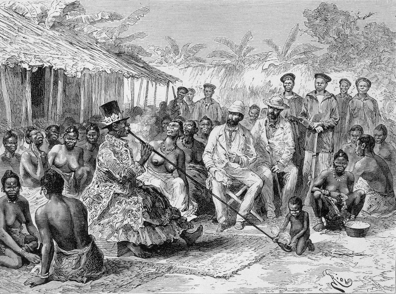 Savorgnan de Brazza palaver med Renoké, landsbyleder i Vest-Afrika - i ""Tour du Monde"", 2. uke 1887 av Edouard Riou