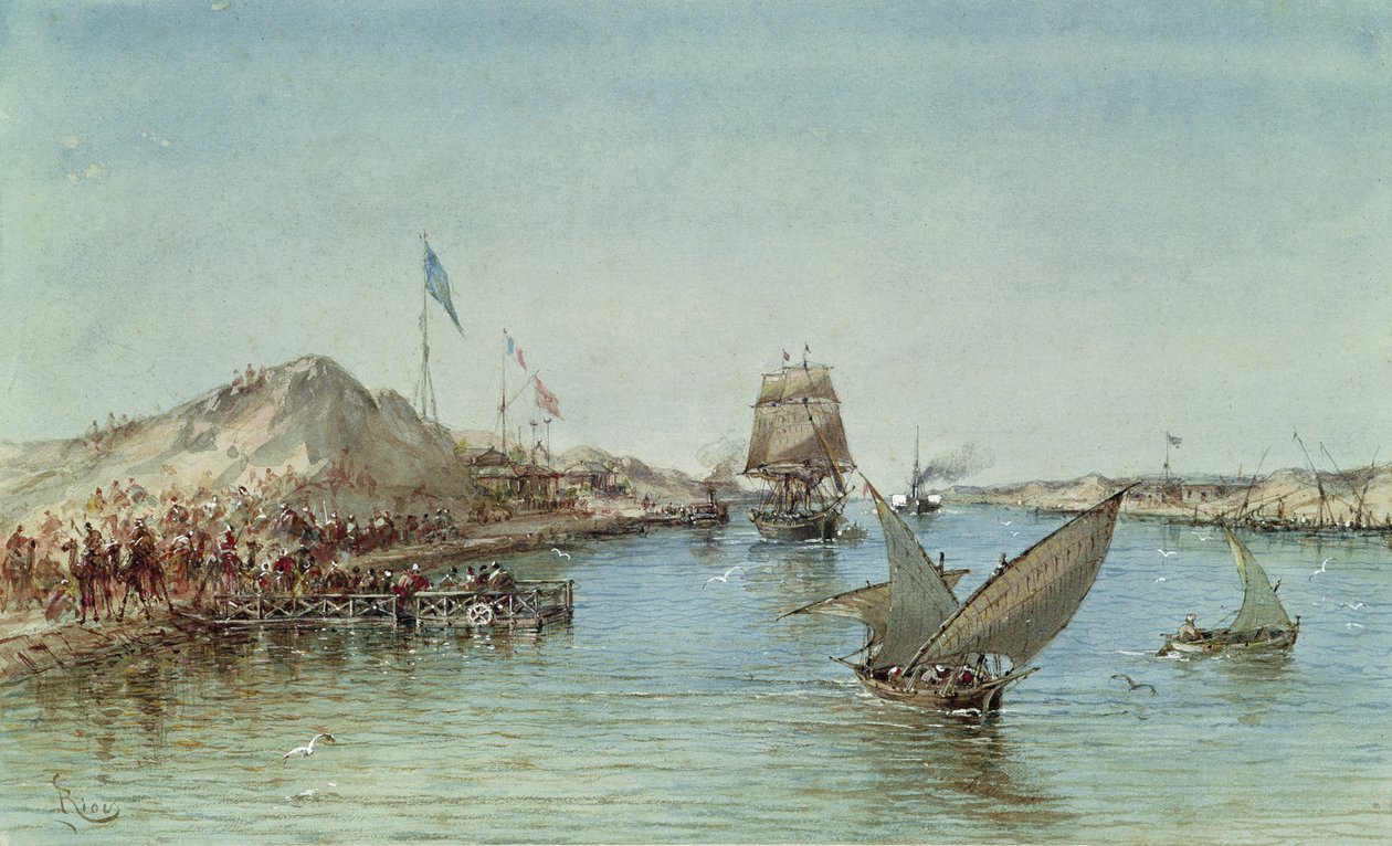 Frakt på Suez-kanalen, fra et suveniralbum til minne om reisen til keiserinne Eugenie (1826-1920) ved innvielsen i 1869 (wc på papir) av Edouard Riou