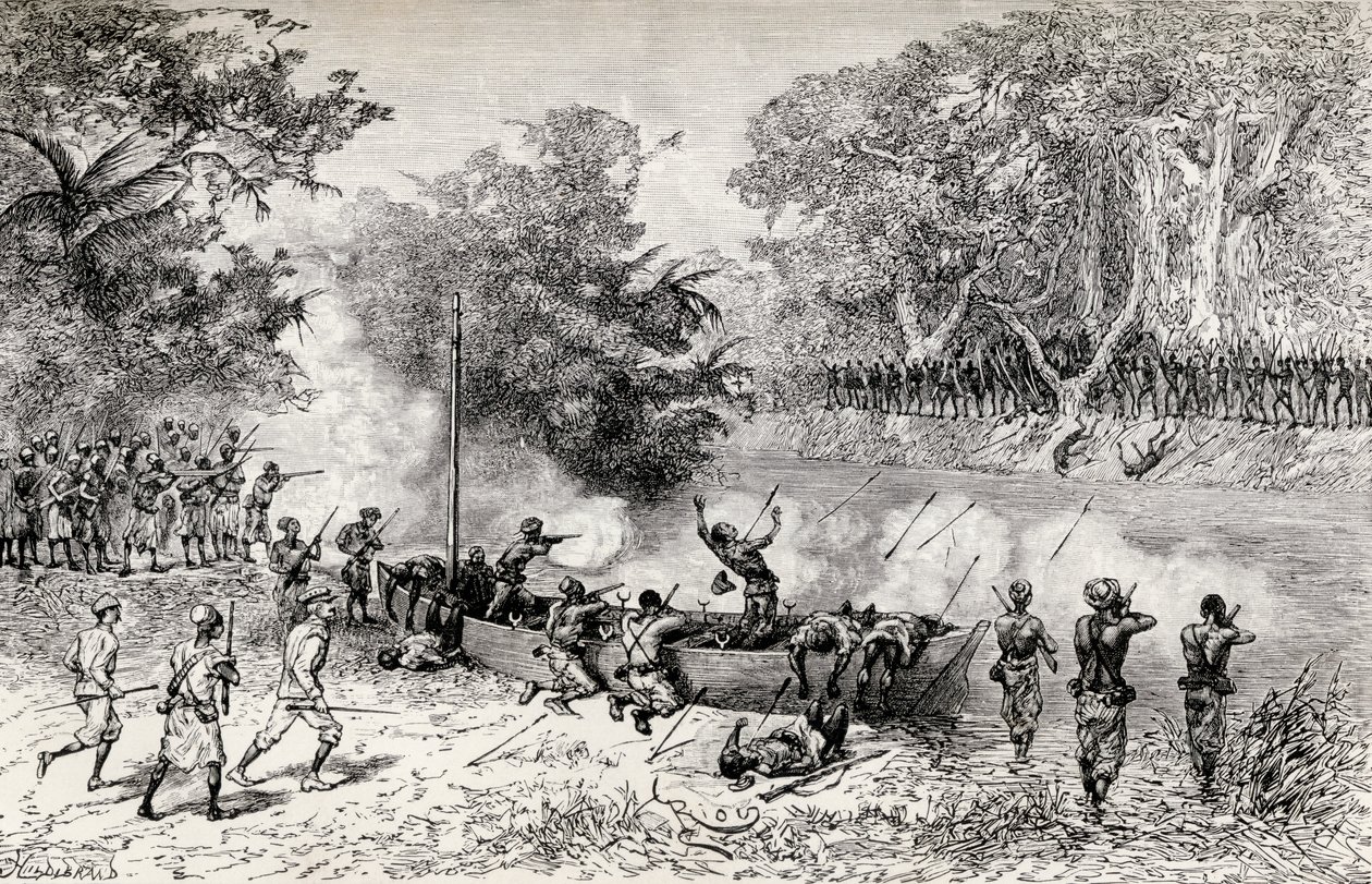 Sir Henry Morton Stanleys Emin Pasha Relief Expedition ble angrepet av Avisibba-kannibaler ved bruk av forgiftede piler, 1890 (tregravering) av Edouard Riou