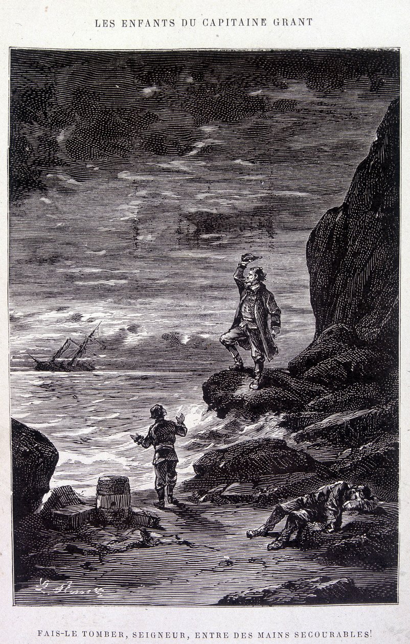 Ta ham ned, Herre, i motløse hender! i "Les Enfants du Capitaine Grant"" av Jules Verne av Edouard Riou
