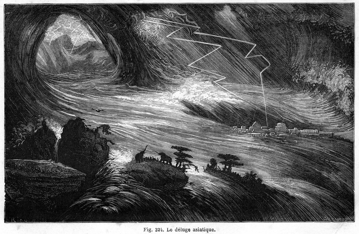 Den asiatiske syndfloden: en katastrofe som kan ha inspirert syndfloden beskrevet i Bibelen: fra boken til Louis Figuier "" La Terre avant le deluge "", utgave Hachette 1872 av Edouard Riou