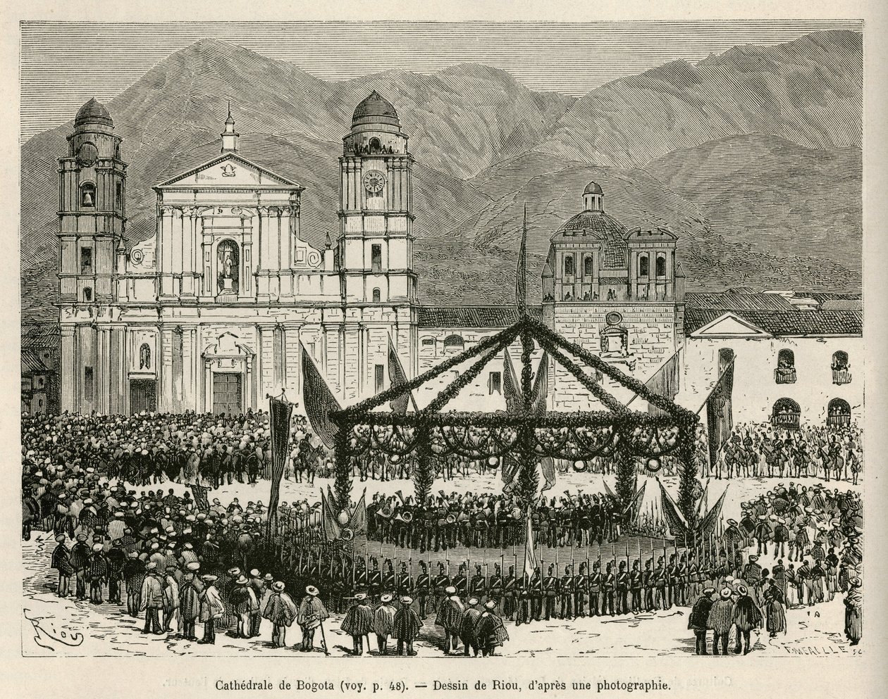 Cathedrale of Bogotá, på Bolivar Square (Colombia), under den årlige feiringen av uavhengigheten (18. desember), for denne anledningen, ble det satt opp en ephemere kiosk for å huse bandorkesteret, tegnet av E.Riou, for å illustrere reisen til jevndøgn av Edouard Riou