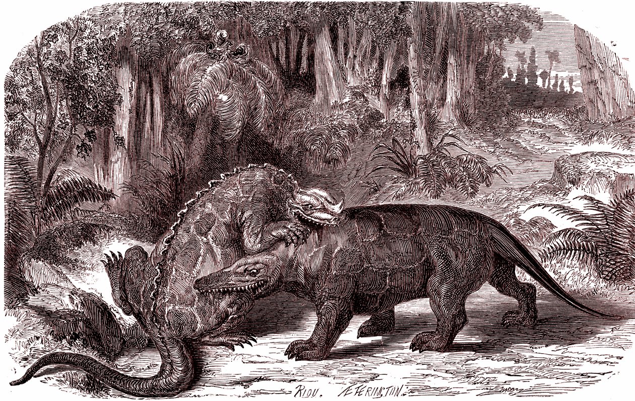 Iguanodonen og Megalosaurusen (gravering av Edouard Riou