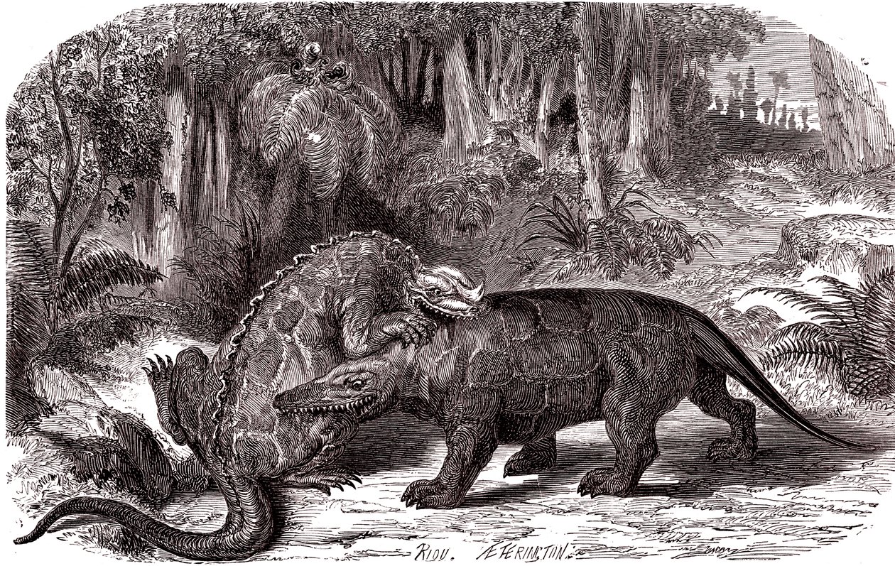 Iguanodon og Megalosaurus av Edouard Riou