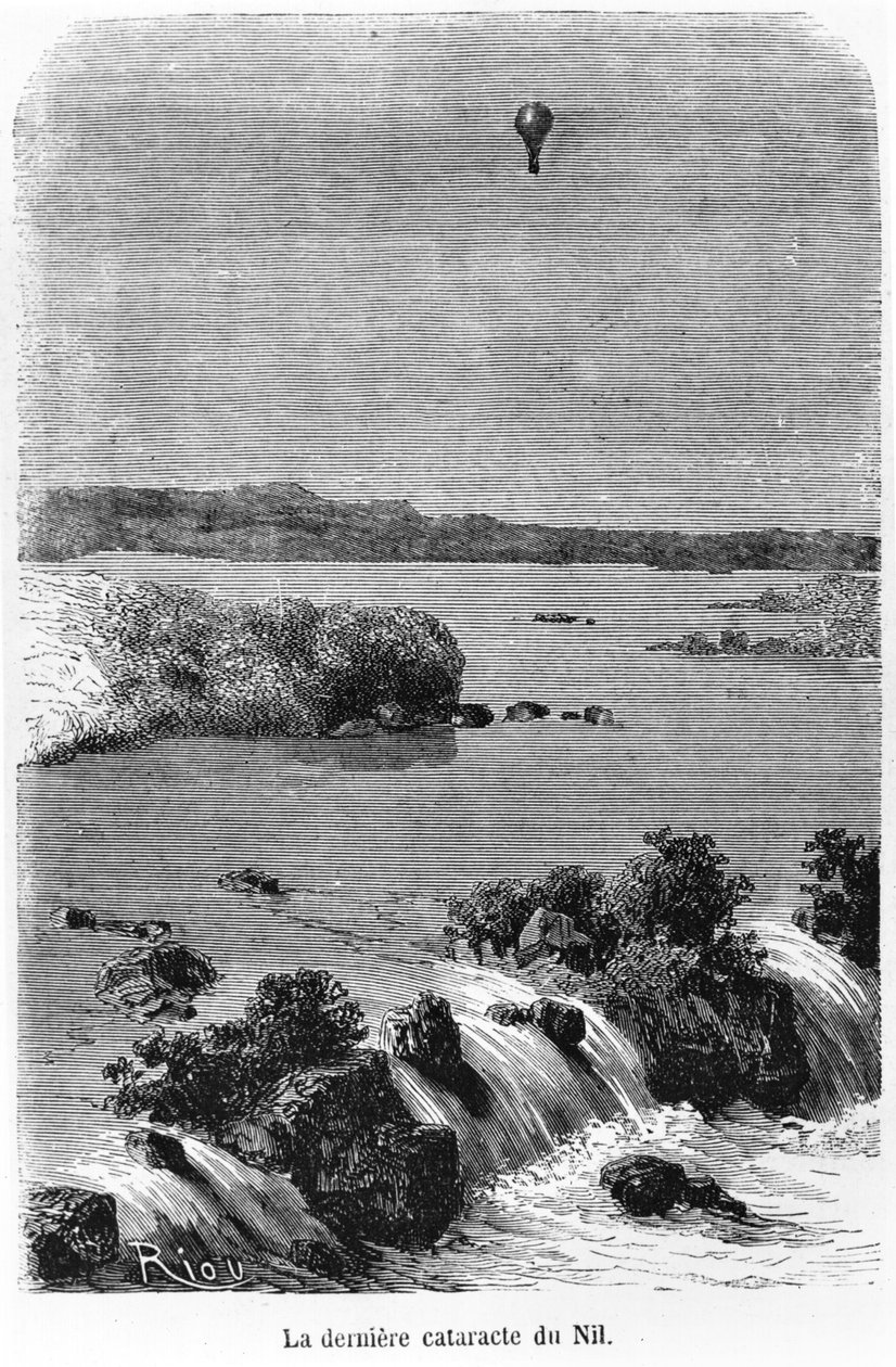 The Last Cataract of the Nile, illustrasjon fra "Fem uker i en ballong" av Jules Verne (1828-1905) Paris, Hetzel av Edouard Riou