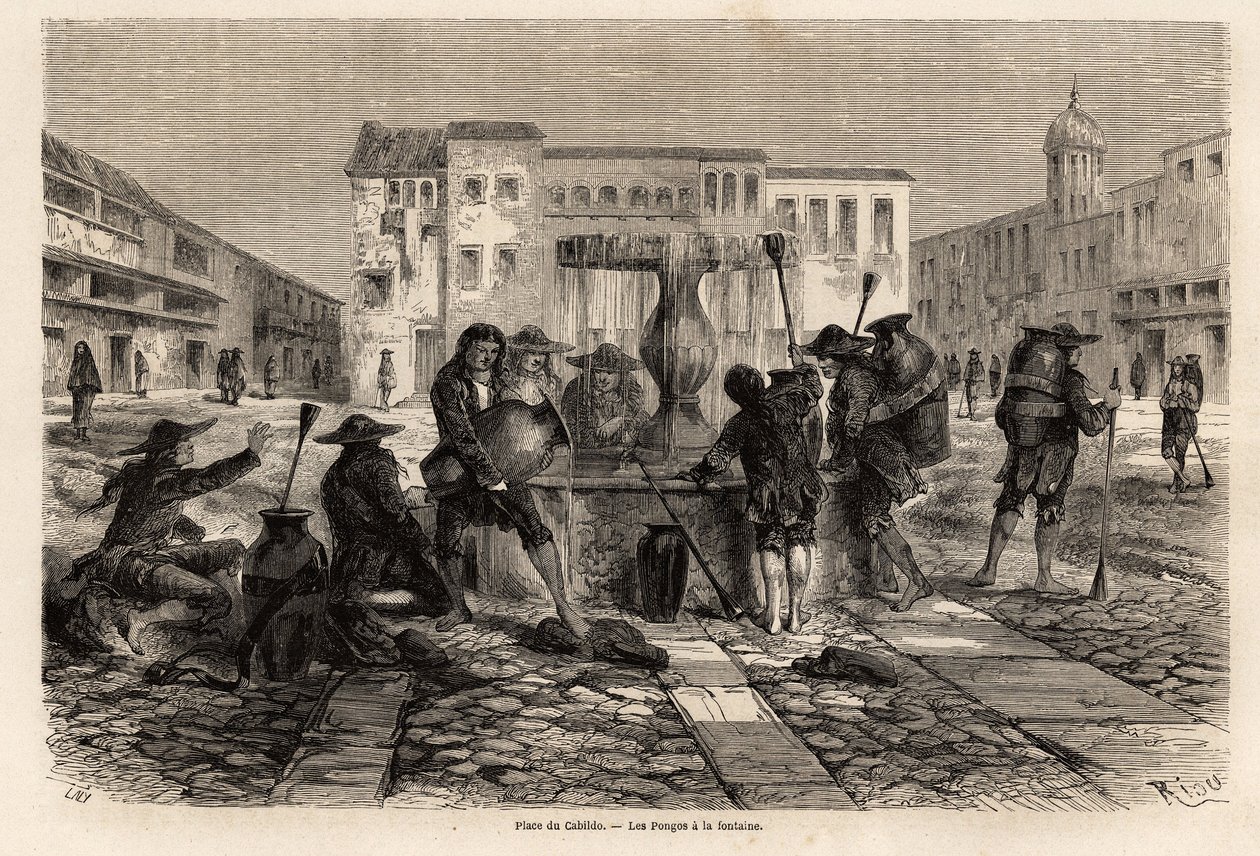 Pongos, indianere utsatt for slaveri, ved fontenen, på torget til cabildo, i Cuzco, tegning av Riou, for å illustrere reisen gjennom Sør-Amerika, fra 1848 til 1860 av Paul Marcoy. Gravering i "" Le tour du monde"", redigert av Edouard C av Edouard Riou