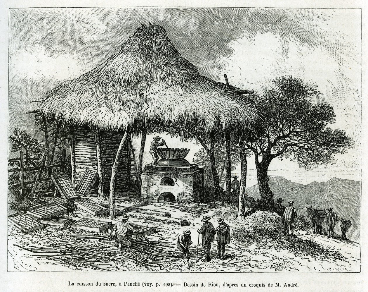The Sugar Baking Oven, i Panche (Colombia), tegning av Riou, for å illustrere historien om Equinoxiale America (Colombia, Ecuador, Peru), i 1875-1876, av Ed. andre, reiseoppdrag fra den franske regjeringen. Gravering i Le tour du monde av Edouard Riou