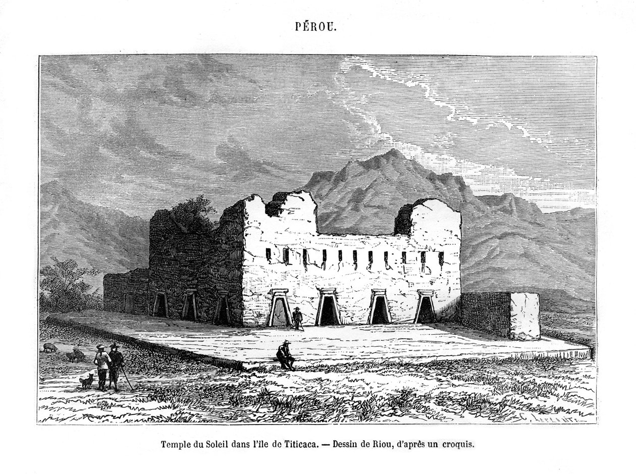The Temple of the Sun på øya Titicaca, Peru, 1800-tallet av Edouard Riou