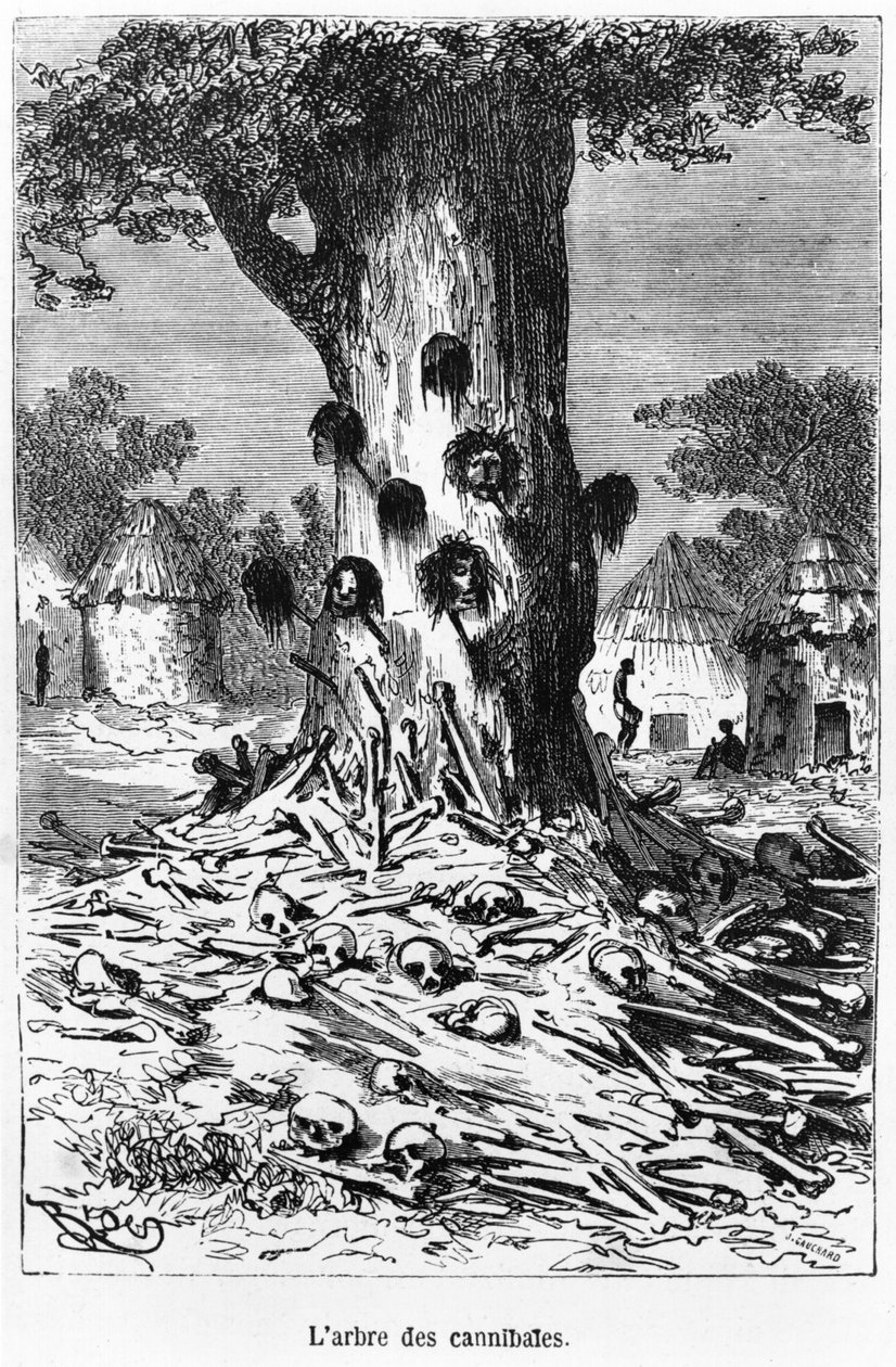 The Tree of Cannibals, illustrasjon fra "Fem uker i en ballong" av Jules Verne (1828-1905) Paris, Hetzel av Edouard Riou