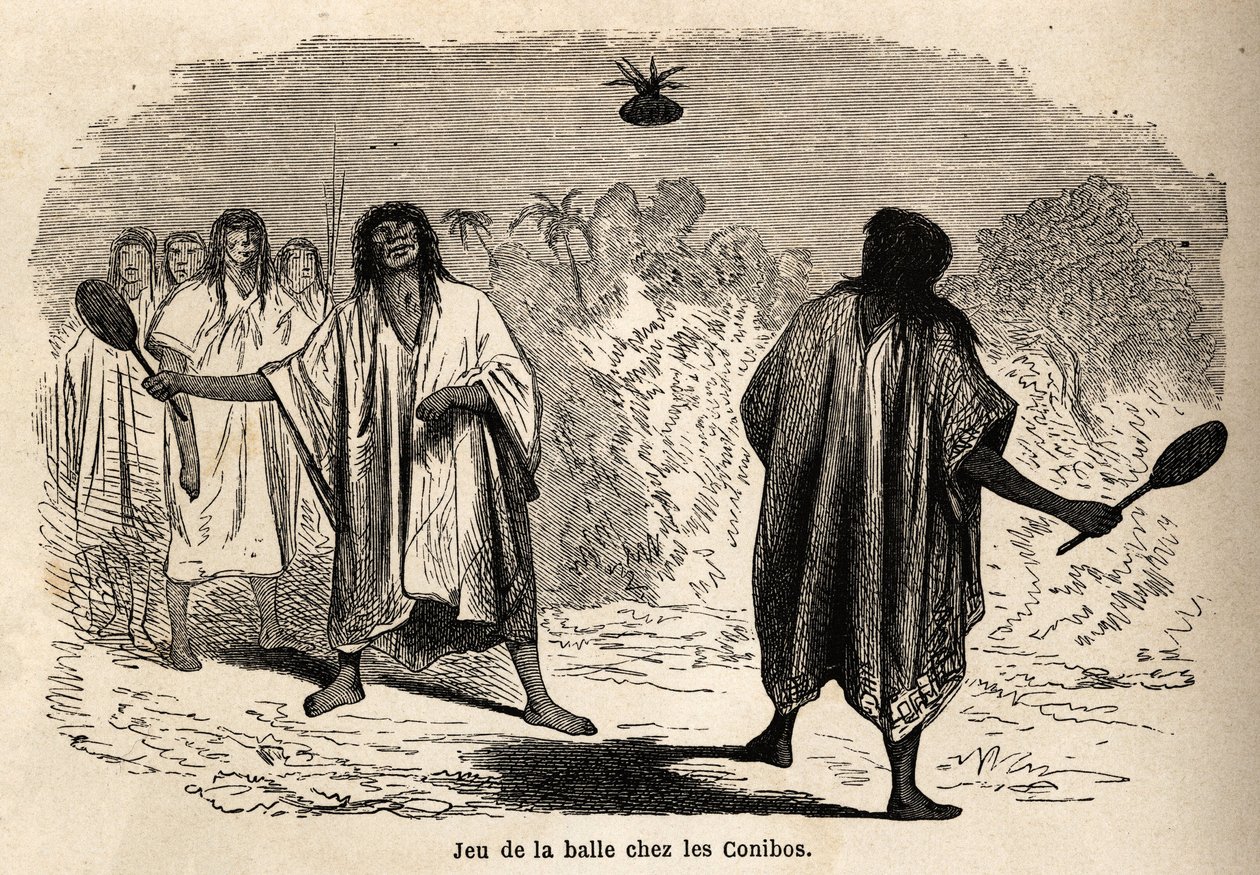 Ballspillet, blant de indiske koniboene i Peru, tegnet av Riou for å illustrere reisen, fra 1848 til 1860, til P. Marcoy, fra Stillehavet til Atlanterhavet. Gravering i "" Le tour du monde"", redigert av Edouard Charton av Edouard Riou