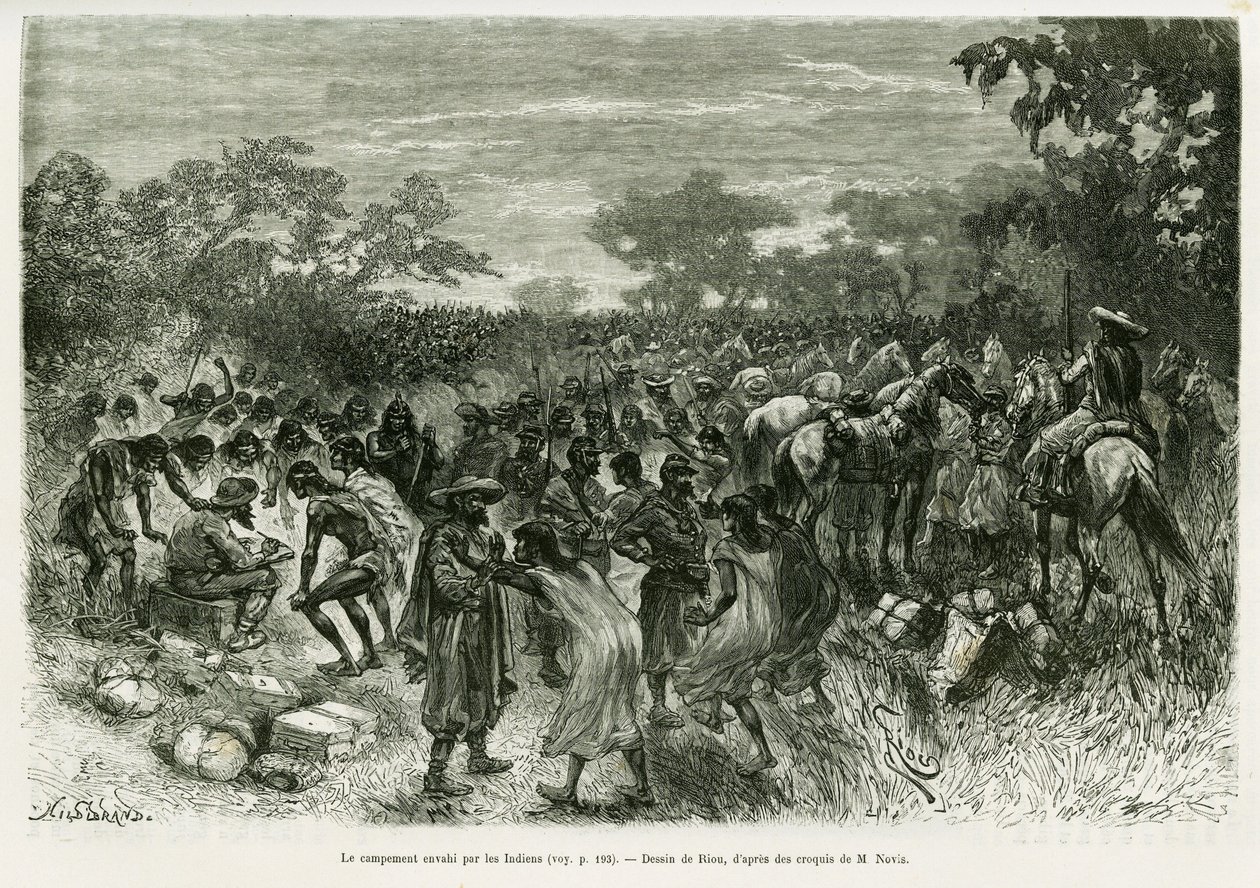 Leiren invadert av indianerne. Gravering av Riou, for å illustrere historien Voyage dans le Chaco Boreal av Edouard Riou