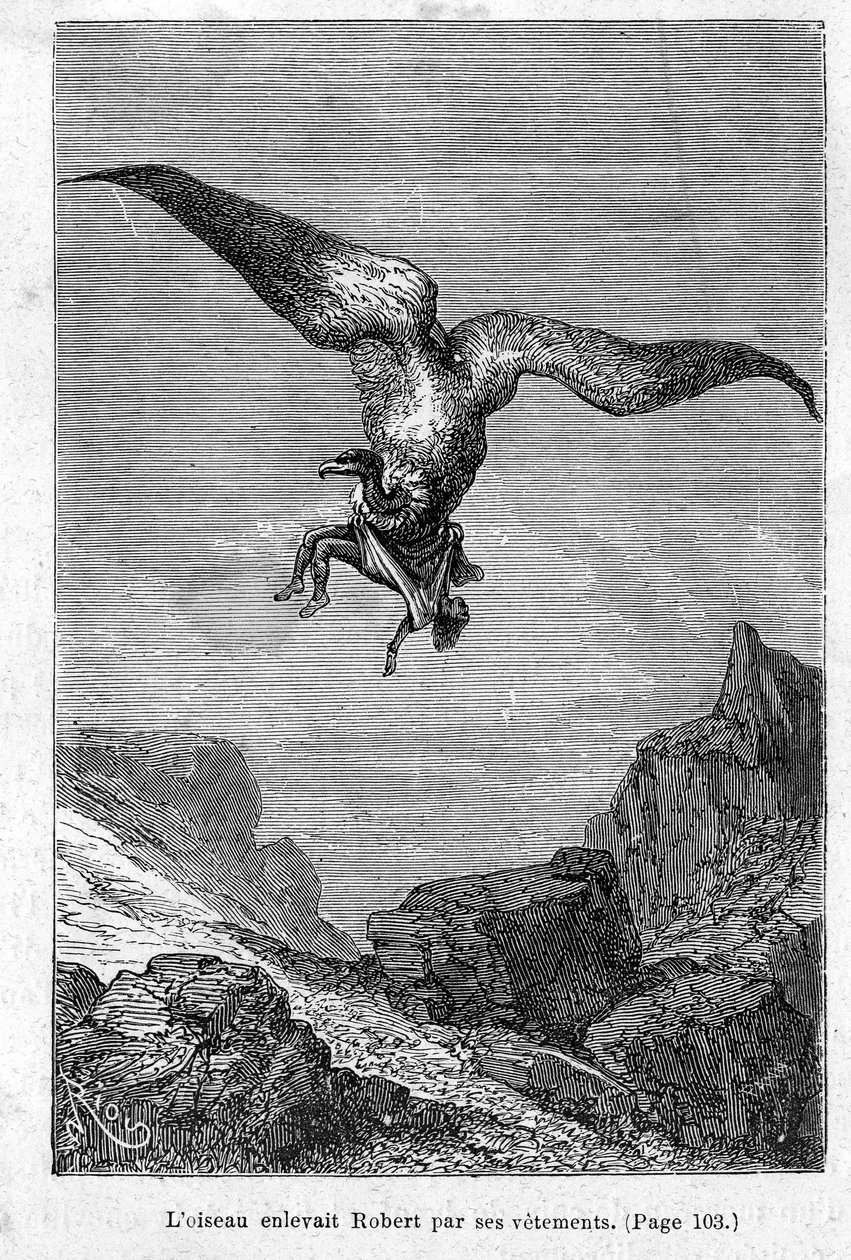 "The children of Captain Grant: The bird kidnapped Robert by his clothes" av Jules Verne, Edition Hetzel/Voyages Extraordinary 1868 av Edouard Riou