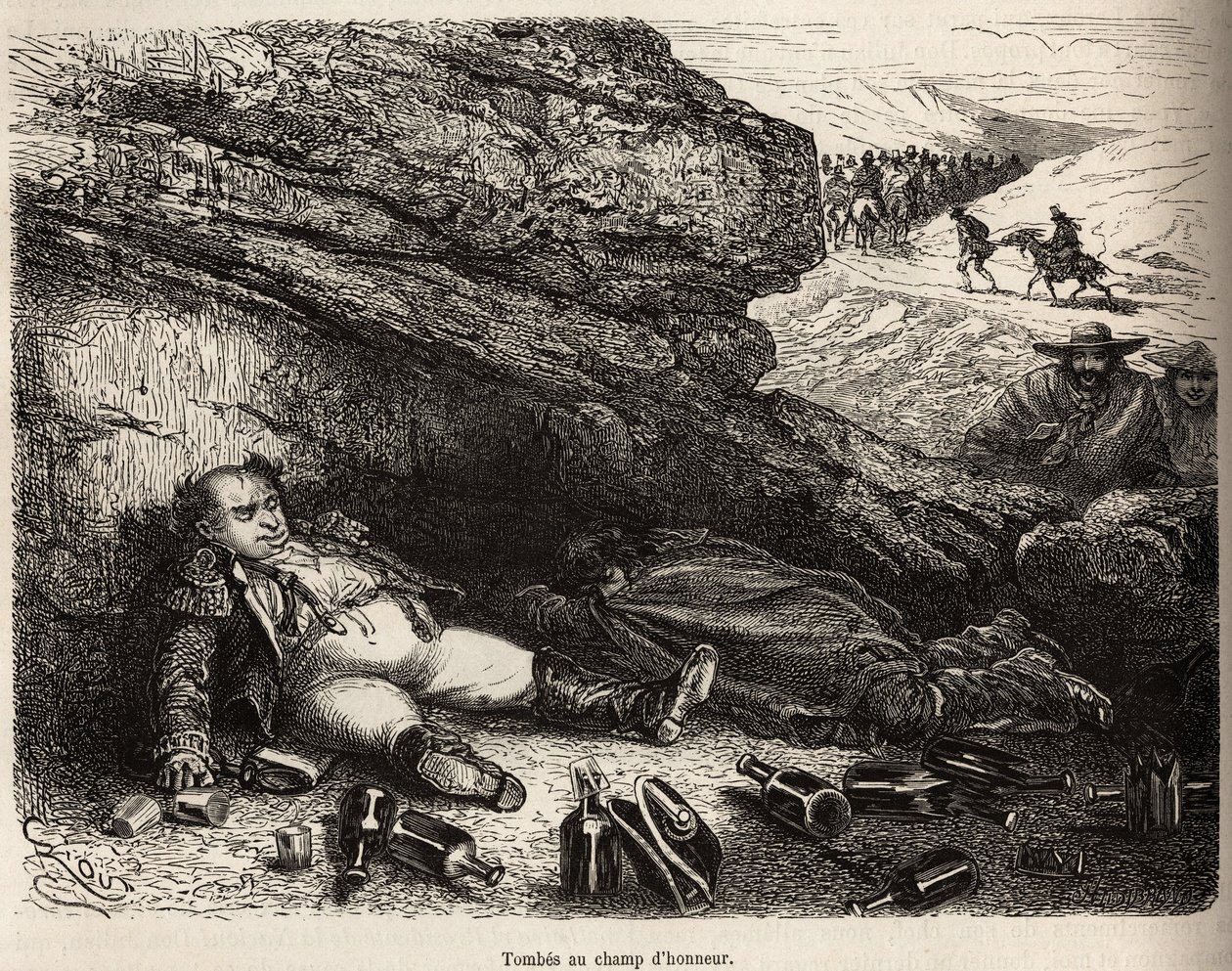 Andens oberst og hans aide-de-camp, fulle etter den lille festen gitt av bemerkelsesverdige i Cailloma, gjemmer seg bak steinene, fortelleren og reisefølget hans, i bakgrunnen vender troppen av bemerkelsesverdige hjem, gravering av E.Riou ill av Edouard Riou