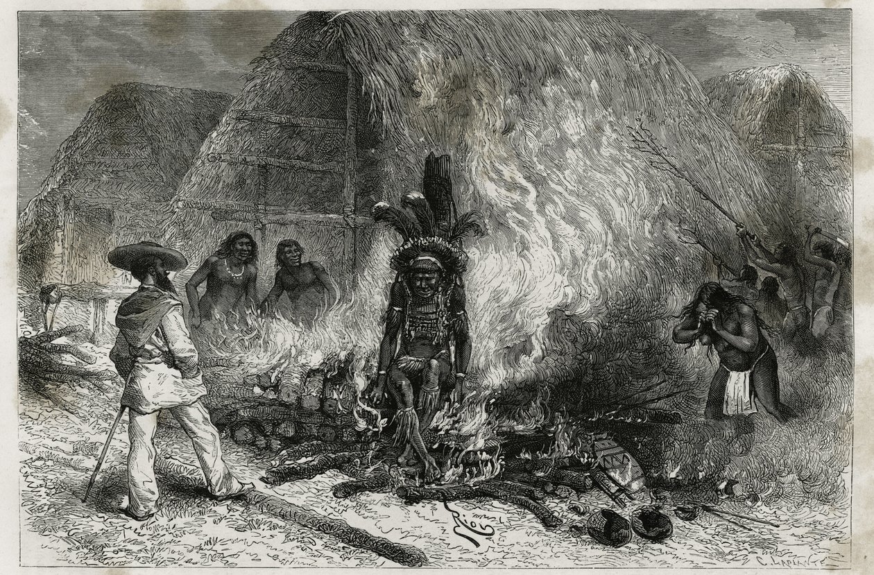 Kremeringen av en Roucouyenne (eller wayana), stamme som bor langs elvene Mana og Maroni, vendt mot Bucher, Dr. Crevaux, gravering av Riou, for å illustrere utforskningsreisen i det indre av Guyana av Dr. Jules Crevaux, lege ved den franske marinen, av Edouard Riou