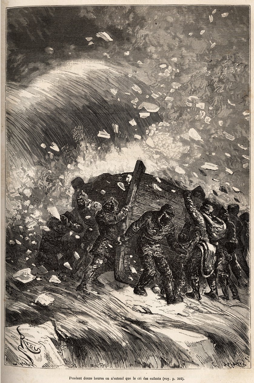 Mannskapets båt er fanget i et forferdelig temperet, mennene uten tau og griper holder båten sin til armene sine, etset etter en tegning av E.Riou, som illustrerer historien om Polaris, isflåten, av løytnant Tyson, i 1870-1873, publiser av Edouard Riou