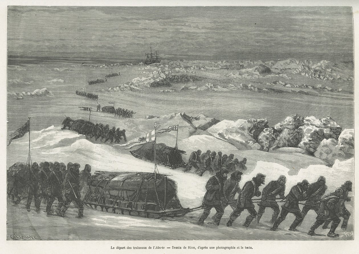 Avgangen til Alert-sledene, skipet til polarekspedisjonen, tegnet av Riou, for å illustrere historien om en reise til polarhavet i 1875-1876, av kaptein G.S.Nares. Gravering i Le tour du monde av Edouard Riou
