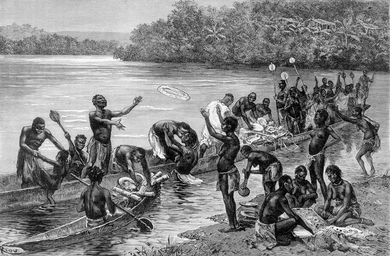 De forskjellige aktivitetene til stammen i landsbyen Adouma i Afrika. I «Journey in the West African»» av Brazza av Edouard Riou