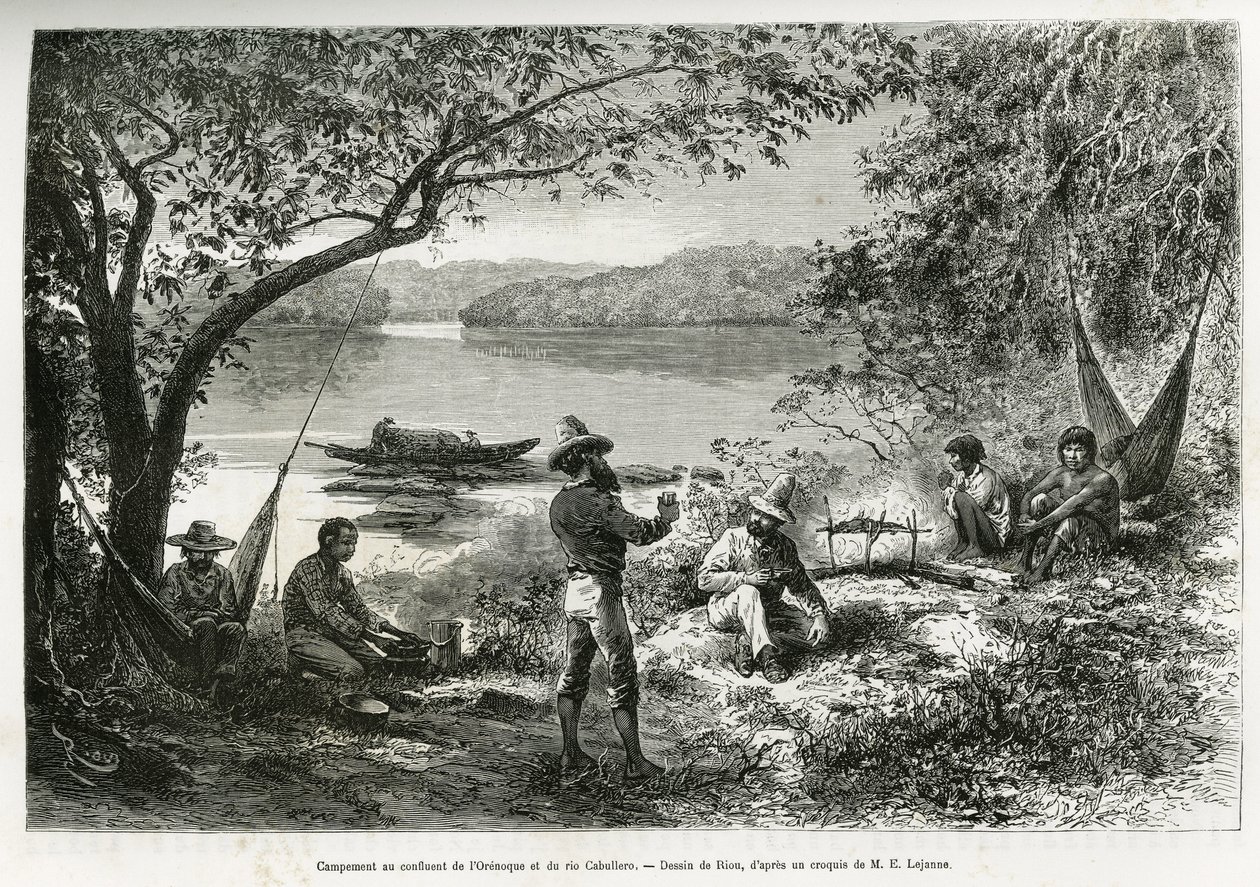 Oppdagelsesleiren, ved sammenløpet av Orenoque og Cabullero-elven. Gravering av Riou, for å illustrere utforskningsreisen gjennom New Granada og Venezuela, av Doctor Crevaux, førsteklasses lege ved marinen og E.Lejeanne, marine pharma av Edouard Riou
