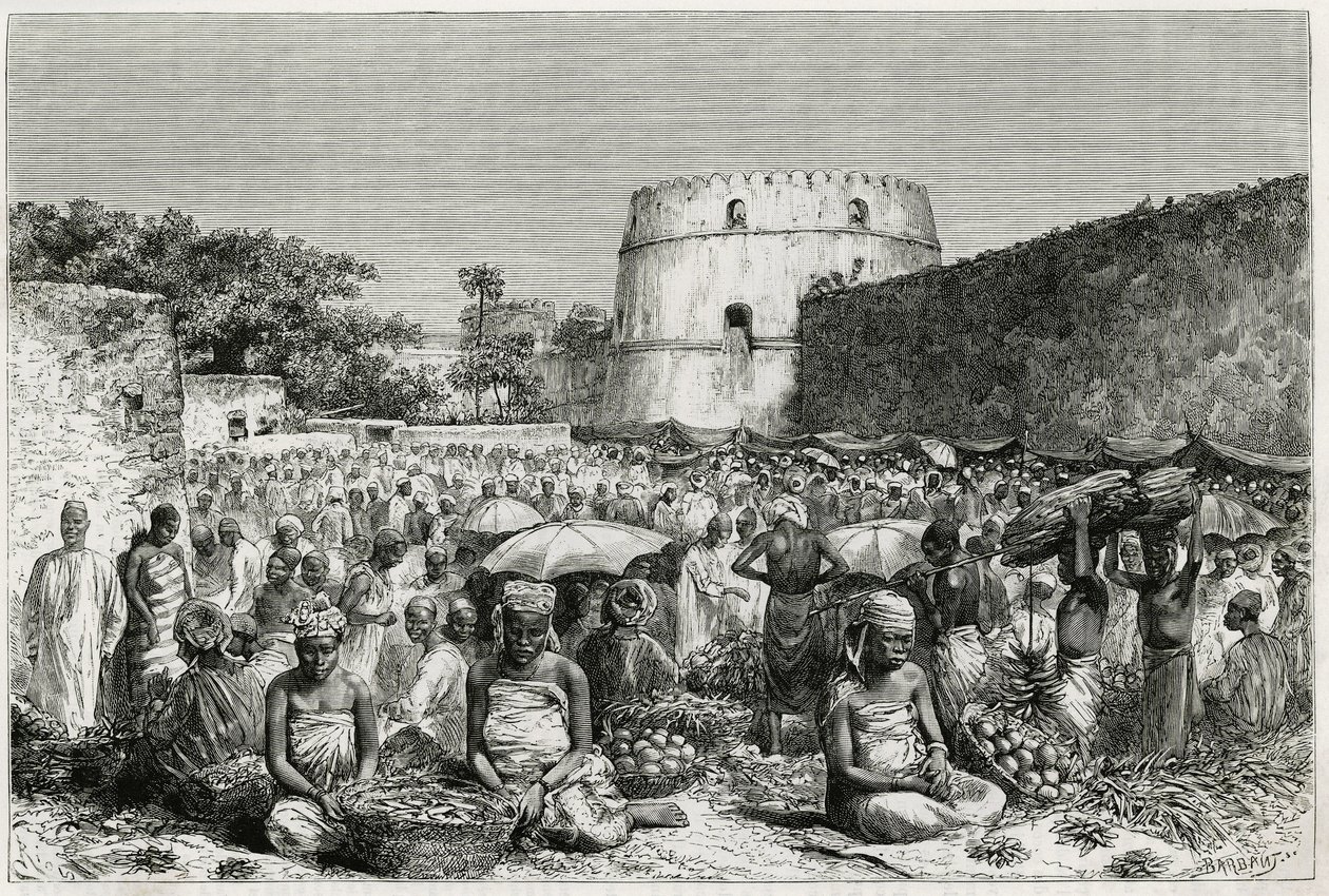 Fruktmarkedet på Zanzibar (Tanzania). Gravering av Riou, for å illustrere historien "" Reisen til Benadir, Omalis og Bayoun"", i 1882-1883, av M.G.Revoil. Publisert i Le Tour du monde, nouveau journal des voyages av Edouard Riou