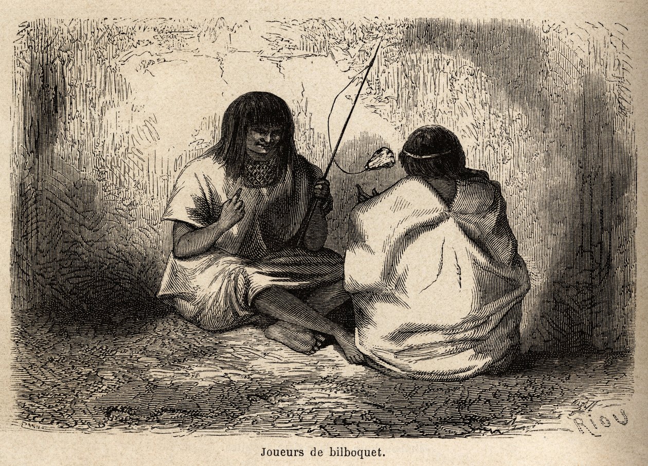 Spillet bilboquet, med et skilpaddehode, blant Conibos-indianerne i Peru, tegning av Riou for å illustrere reisen, fra 1848 til 1860, til P. Marcoy, fra Stillehavet til Atlanterhavet. Gravering i "" Le tour du monde"", redigert av Edoua av Edouard Riou