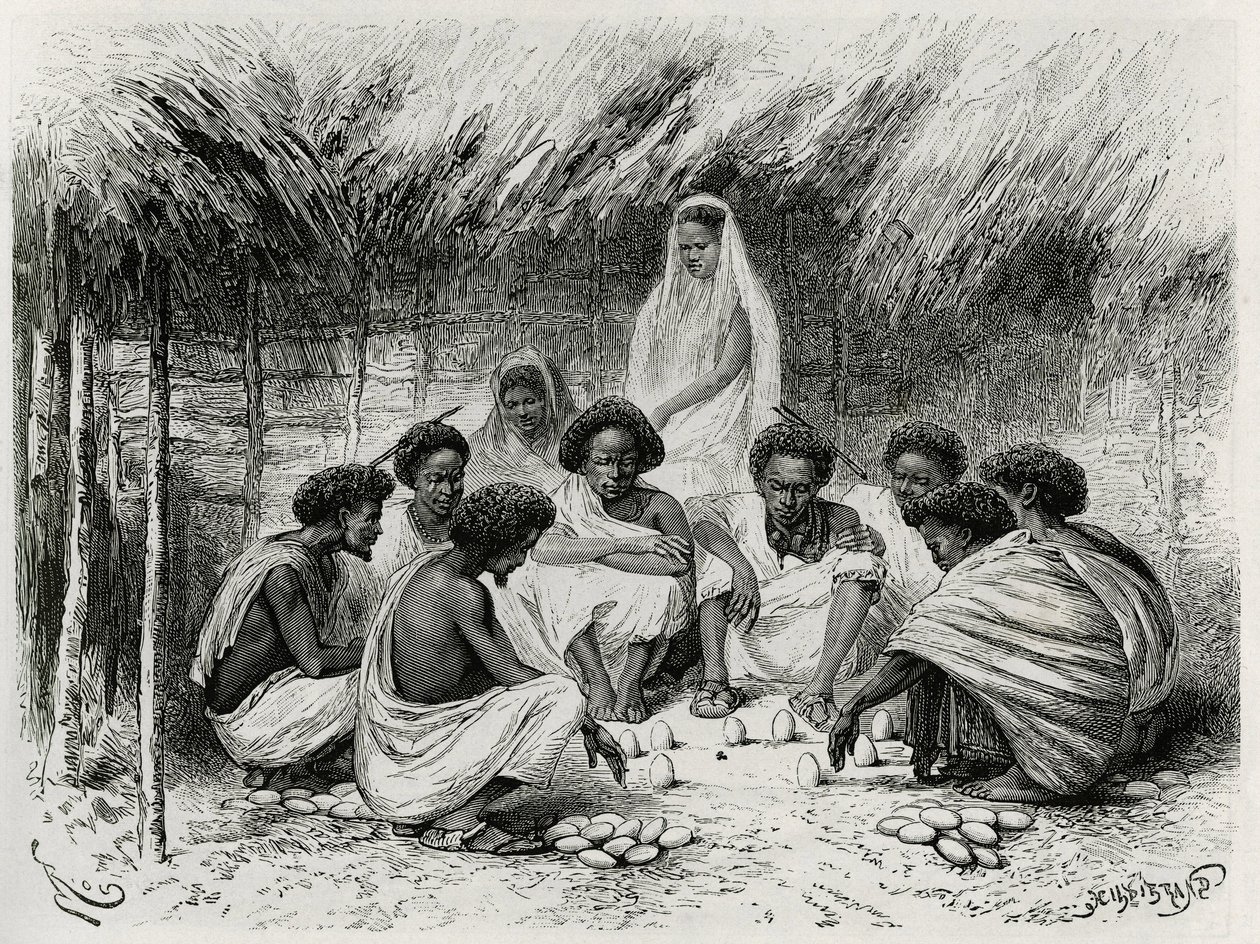 Spillet med koppen, eller fluespillet, foran hver spiller sin innsats, her en eggplante i sanden, så venter alle i stillhet på at en flue skal lande på et egg og trekker vinneren som vinner alle innsatser, på somali (eller somali). Gravering av Riou, for å av Edouard Riou