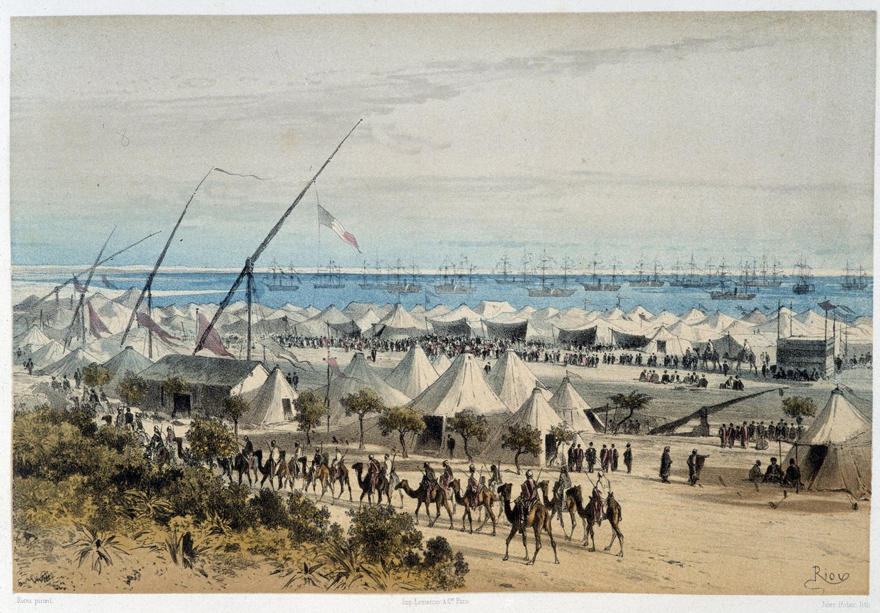 Havnen i Ismalia og gjesteleiren ved innvielsen av Suez-kanalen - i "Through the Isthmus of Suez"" av Riou, Marius Fontaine av Edouard Riou
