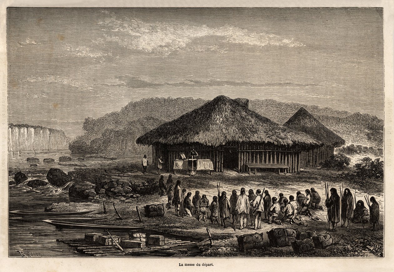 Massen for avreise i Echarati (Peru), deltatt av de konverterte innfødte, tegning av Riou, som illustrerer Paul Marcoys reise fra Stillehavet til Atlanterhavet fra 1848 til 1860. Gravering i "" Le tour du monde"", redigert av Edouard Chart av Edouard Riou