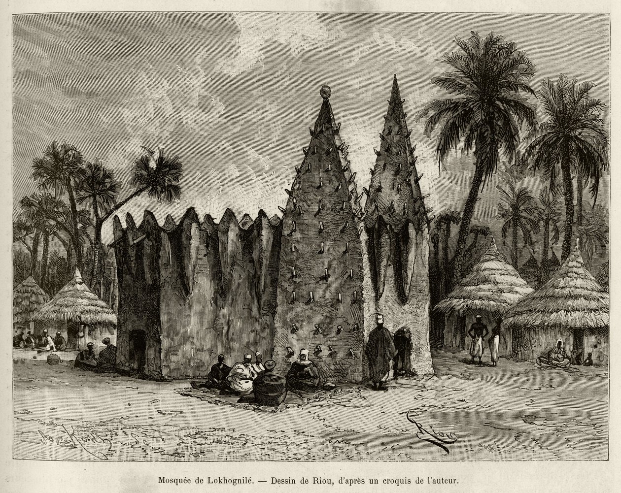 Moskeen i Lokhognile (Guineabukta). Gravering av Riou, for å illustrere historien "" Fra Niger til Guineebukta"" av kaptein Louis Gustave Binger (1856-1936), i 1887-1889, i Le tour du monde, nouveau journal des voyages, under ledelse av av Edouard Riou