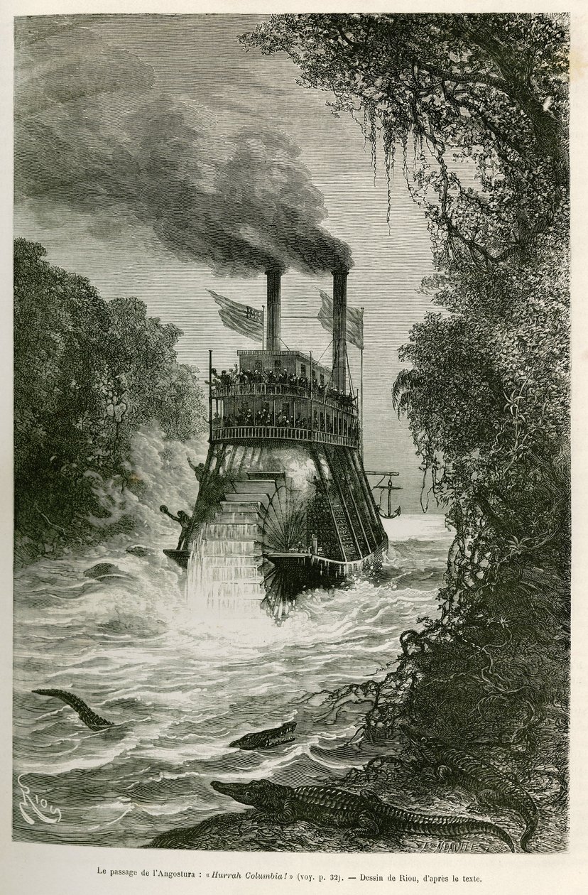 Passasjen av Angostura (Colombia), av dampbåten til ekspedisjonen, tegning av E.Riou, for å illustrere reisen til jevndøgn Amerika (Colombia, Ecuador, Peru), i 1875-1876, av Edouard Andre (1833-1894) , reisende belastet med et oppdrag av Fr av Edouard Riou
