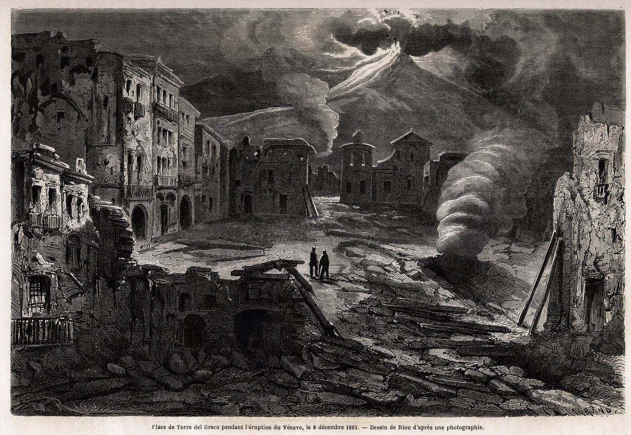Torget i Torre del Greco, under utbruddet av Vesuve, 8. desember 1861, tegning av Riou, for å illustrere vandringene rundt Napoli av Marc Monnier, i 1862. Gravering i "" Le tour du monde"", redigert av Edouard Charton av Edouard Riou
