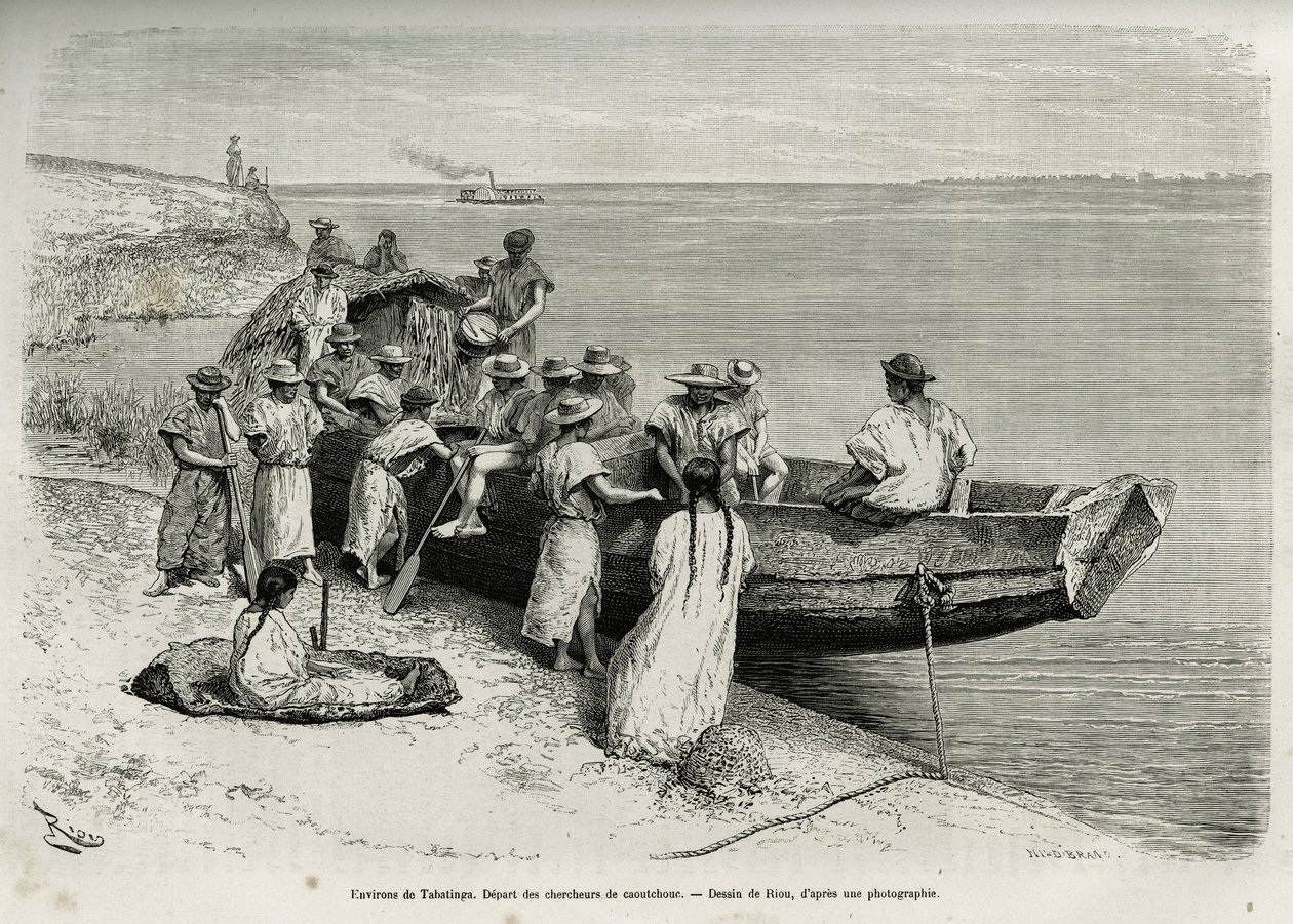 Starten på gummiforskere, i nærheten av Tabatinga (øvre Amazonas-regionen). Gravering av Riou, for å illustrere historien om Cayenne aux Andes, av Jules Crevaux, lege for den franske marinen, i 1878-1879, publisert i Tour du monde, under regi av Edouard Riou