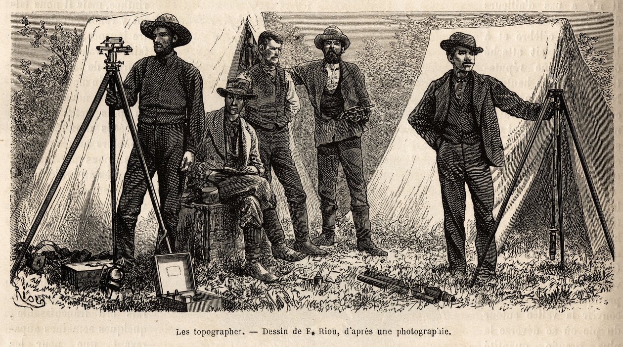 Teamet av topografer med sitt materiale, fra det amerikanske geologiske oppdraget, gravert etter tegningen av F.Riou, som illustrerer et sett med geografiske oppdrag gjennom USAs nasjonalpark, fra 1870 til 1872, av herrene Hayden, Doane og Langf av Edouard Riou