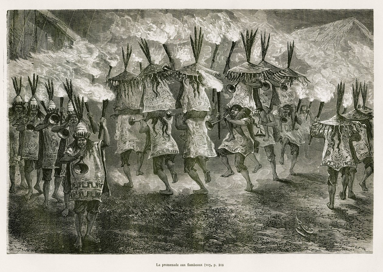 Fakkelturen gjennom gatene i San Jose, tegnet av E.Riou, for å illustrere reisen i Titicaca-regionen og dalene øst i Nedre Peru, i 1873 av Paul Marcoy. Gravering i Le tour du monde av Edouard Riou