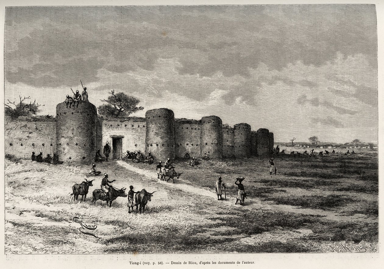 Byen Tiong-Gi (Tiong Gi, Mali), med sine festningsverk og leirtårn. Gravering av Riou, for å illustrere historien "" Fra Niger til Guineebukta"" av kaptein Louis Gustave Binger (1856-1936), i 1887-1889, i Le tour du monde, nouveau journal av Edouard Riou