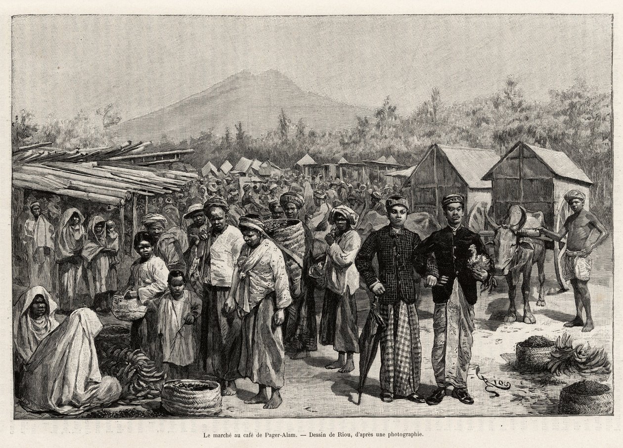 Turen på Pager Alam Cafe (Malaysia). Gravering av Riou for å illustrere historien "et år i Malaysia", av Jules Claine (1856-1939) av Edouard Riou