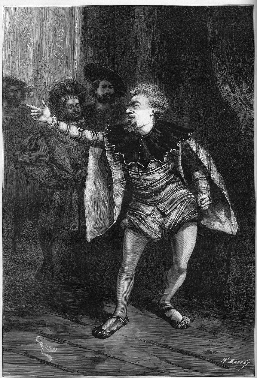 Teaterfremstilling: «Kongen har det gøy» av Victor Hugo (1808-1883). Act III scene III: Antechamber of the Louvre, Triboulet (Edmond Got av Edouard Riou